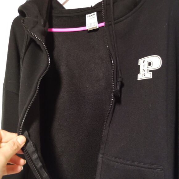 Victoria Secret PINK black full zip hooded fleece jacket size L - Picture 7 of 8